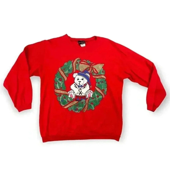 VTG Christmas Bear Retro Pullover Sweatshirt MEDIUM Women's Andover Long Sleeve - Picture 1 of 14